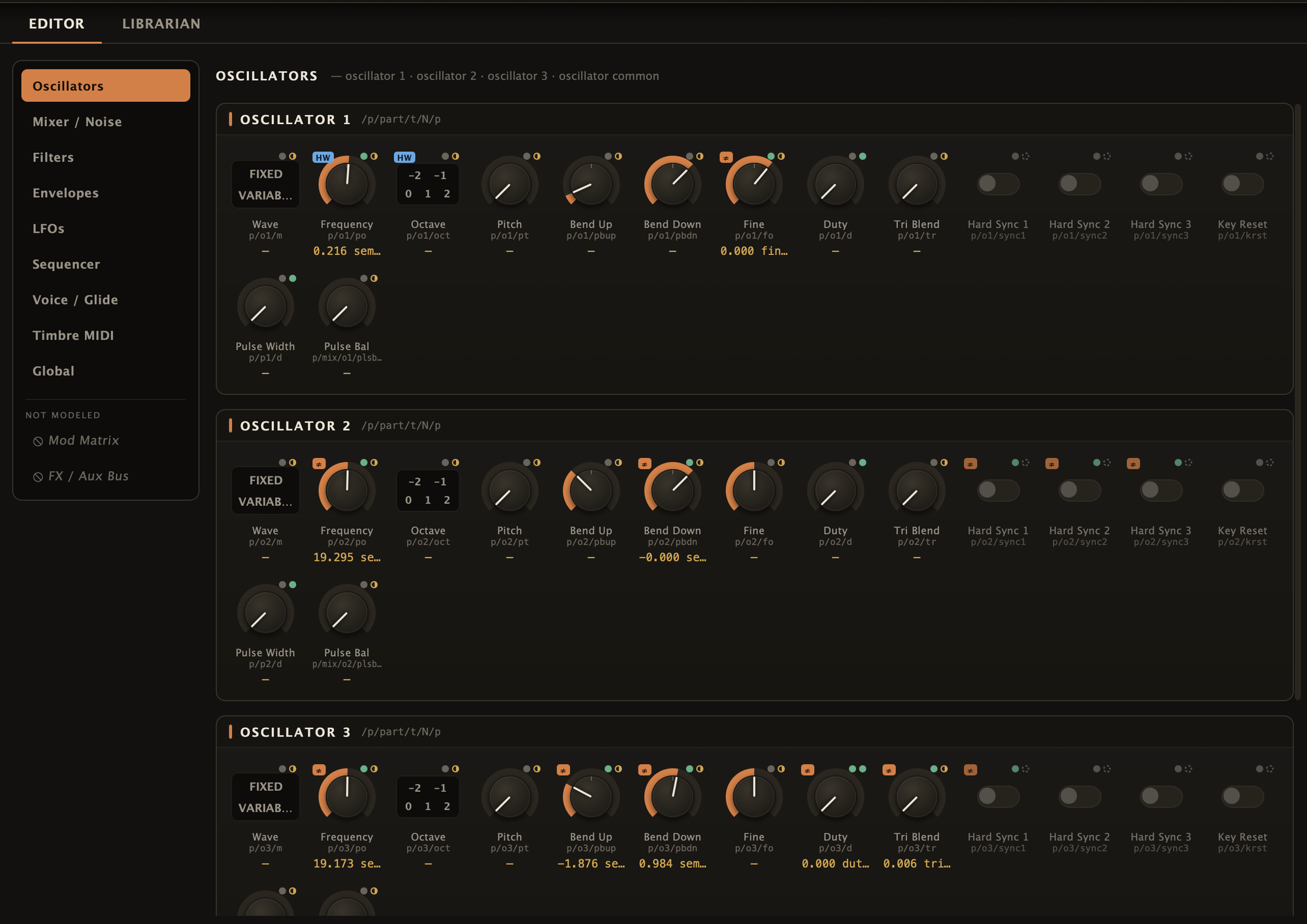 Editor showing the Oscillators section: rows of knobs, segmented selectors and toggles for oscillators 1 to 3, each labelled with its parameter name and tree path, some showing live values and a not-equal marker.